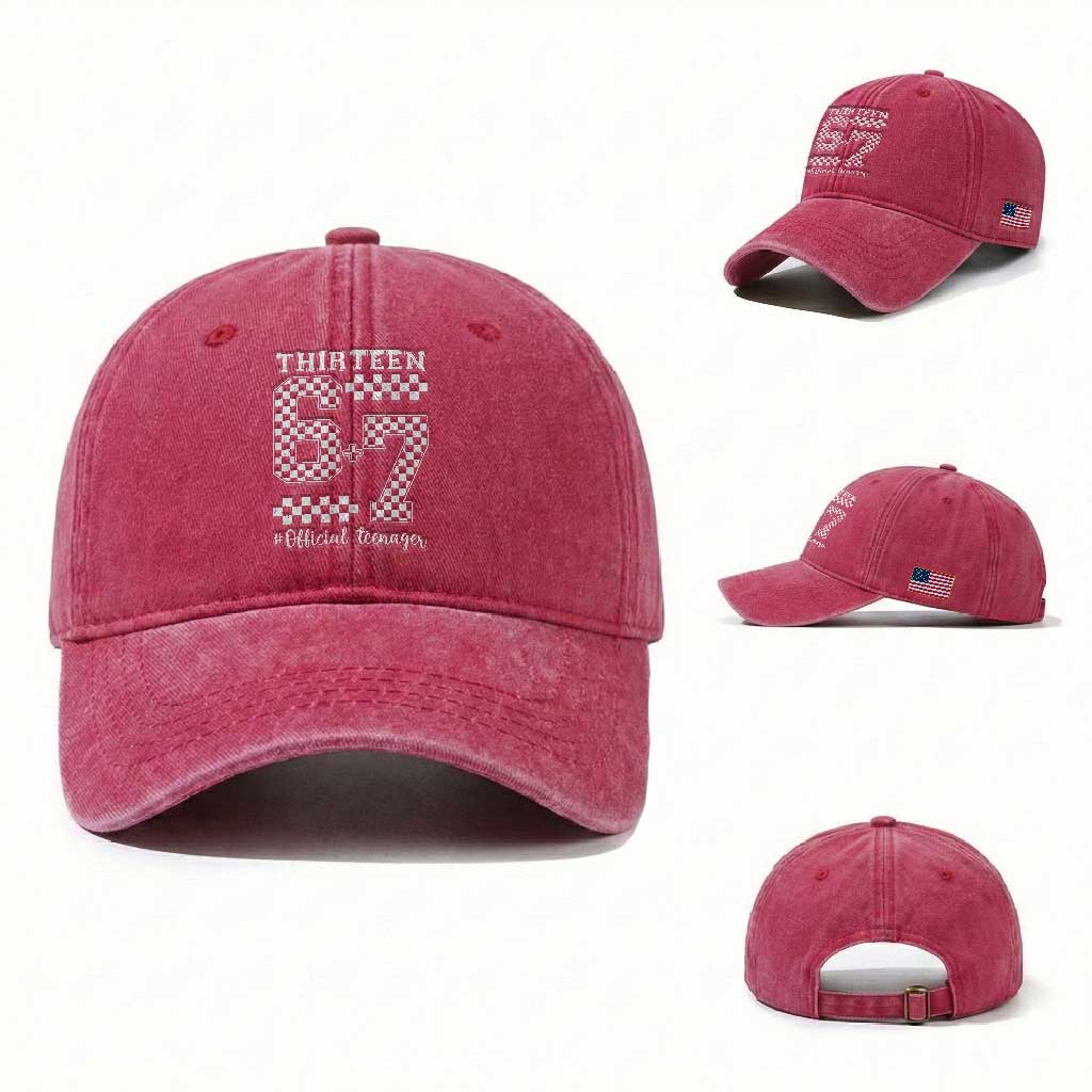 Funny 67 13th Birthday Washed Cotton Baseball Cap Thirteen Official Teenager Six Seven Meme Groovy Checkered TS11 Washed Cap Universal Fit Red Print Your Wear