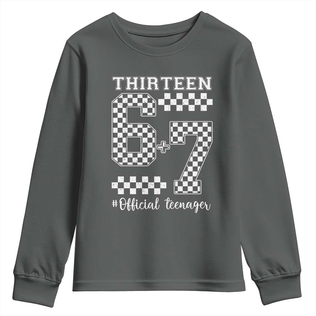 Funny 67 13th Birthday Youth Sweatshirt Thirteen Official Teenager Six Seven Meme Groovy Checkered TS11 Dark Heather Print Your Wear