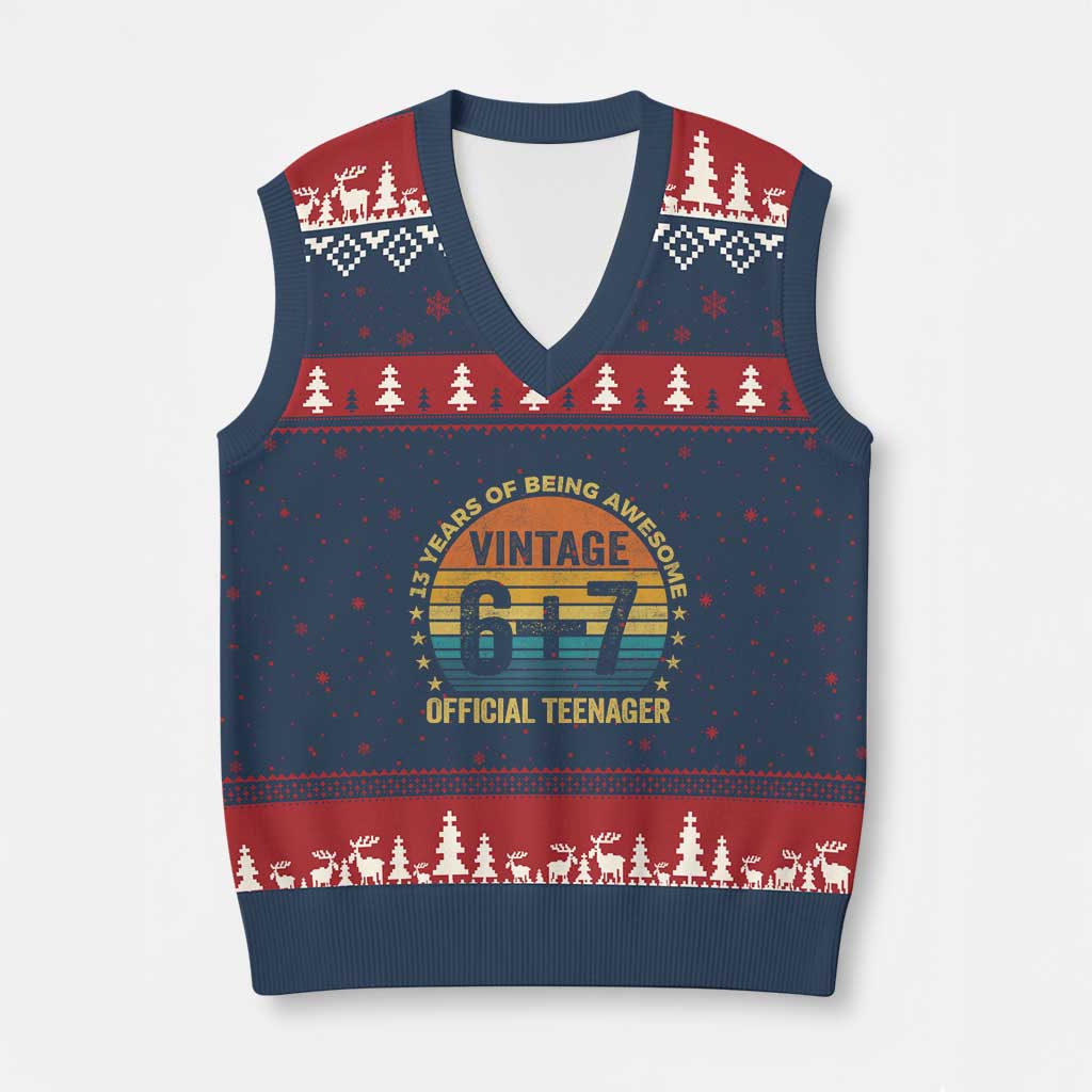 Funny 67 13th Birthday V-Neck Knit Sweater Vest Official Teenager 13 Years Of Being Awesome TS11 Navy Red Print Your Wear