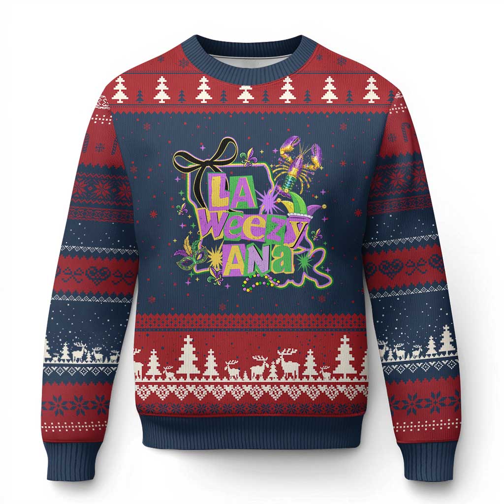 Funny Mardi Gras La Weezy Ana Ugly Christmas Sweater New Orleans Festival Louisiana Map TS11 Navy Red Print Your Wear