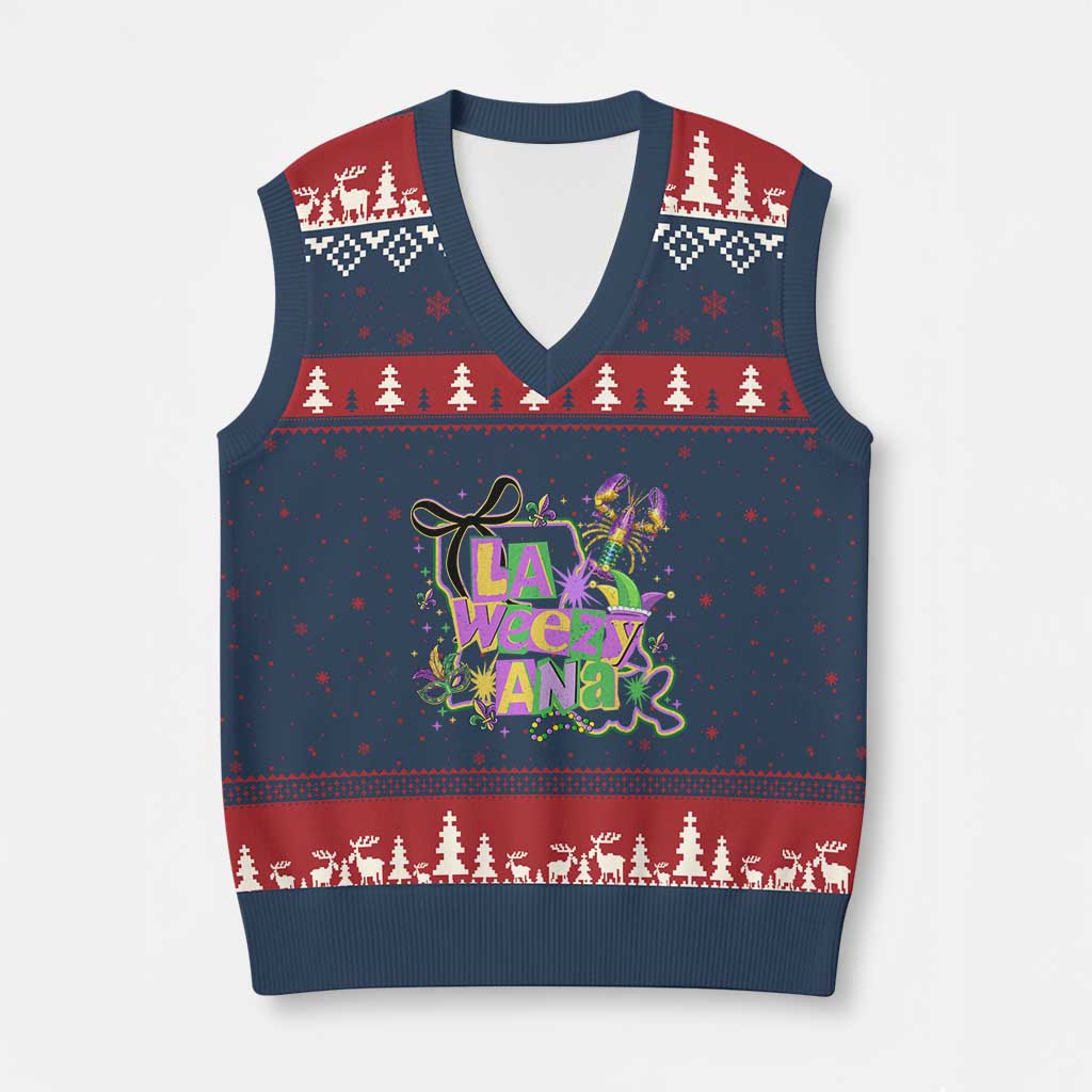 Funny Mardi Gras La Weezy Ana V-Neck Knit Sweater Vest New Orleans Festival Louisiana Map TS11 Navy Red Print Your Wear