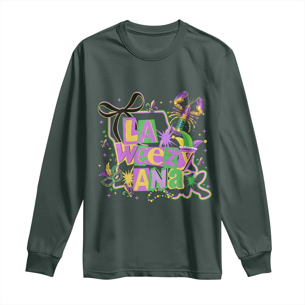 Funny Mardi Gras La Weezy Ana Long Sleeve Shirt New Orleans Festival Louisiana Map TS11 Dark Forest Green Print Your Wear