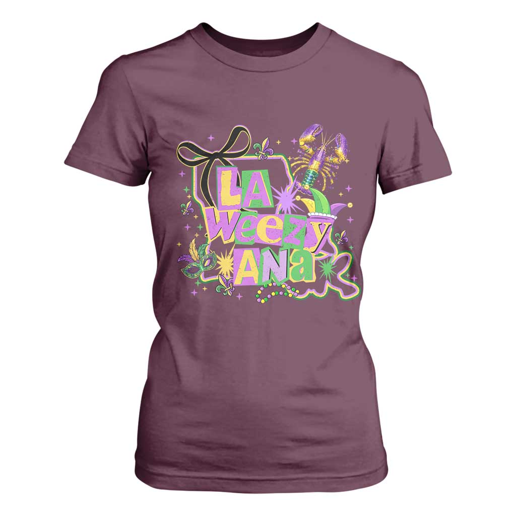Funny Mardi Gras La Weezy Ana T Shirt For Women New Orleans Festival Louisiana Map TS11 Maroon Print Your Wear