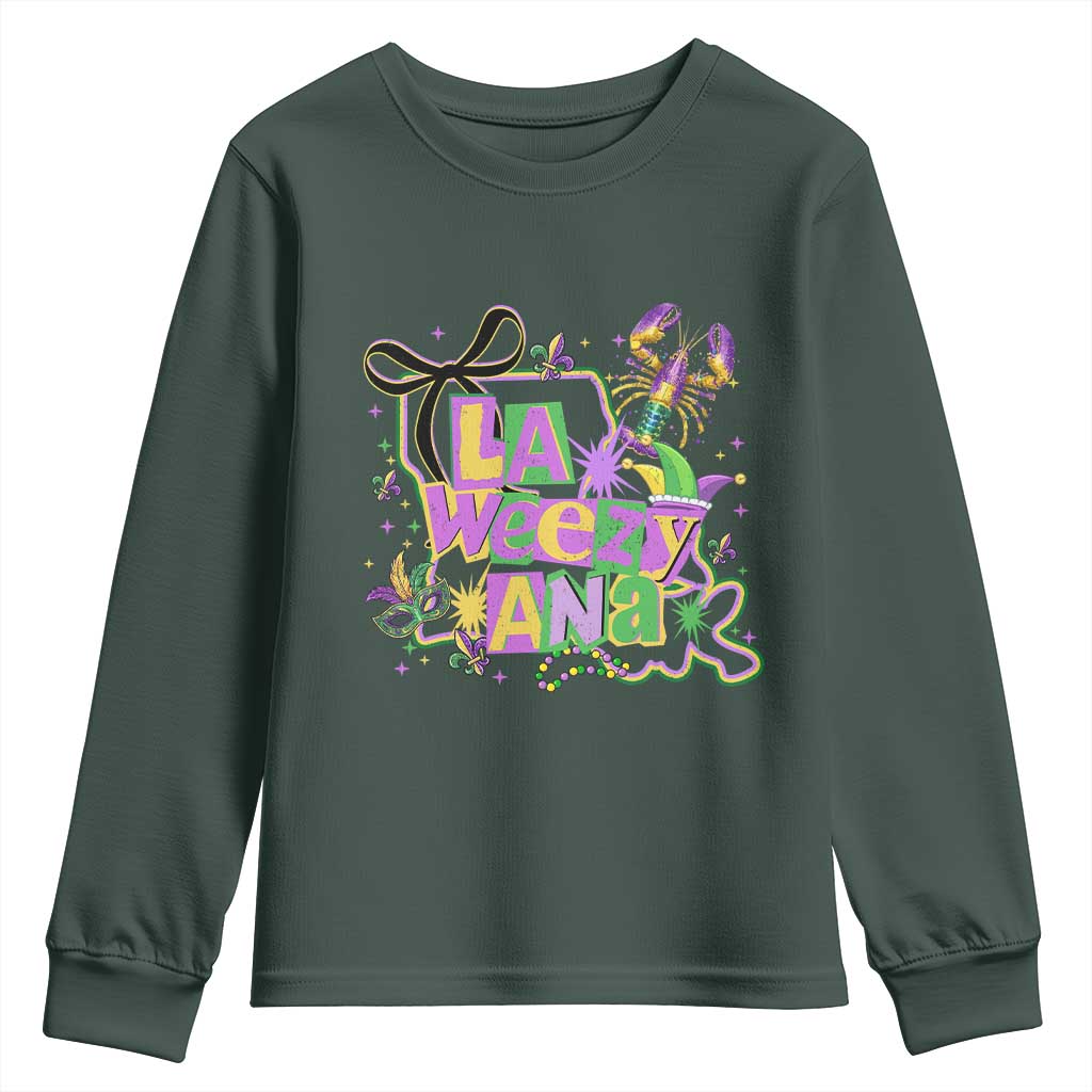 Funny Mardi Gras La Weezy Ana Youth Sweatshirt New Orleans Festival Louisiana Map TS11 Dark Forest Green Print Your Wear