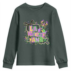 Funny Mardi Gras La Weezy Ana Youth Sweatshirt New Orleans Festival Louisiana Map TS11 Dark Forest Green Print Your Wear