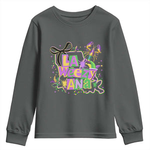 Funny Mardi Gras La Weezy Ana Youth Sweatshirt New Orleans Festival Louisiana Map TS11 Dark Heather Print Your Wear