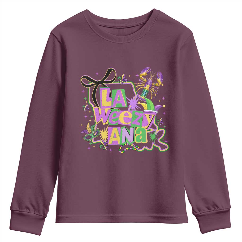 Funny Mardi Gras La Weezy Ana Youth Sweatshirt New Orleans Festival Louisiana Map TS11 Maroon Print Your Wear