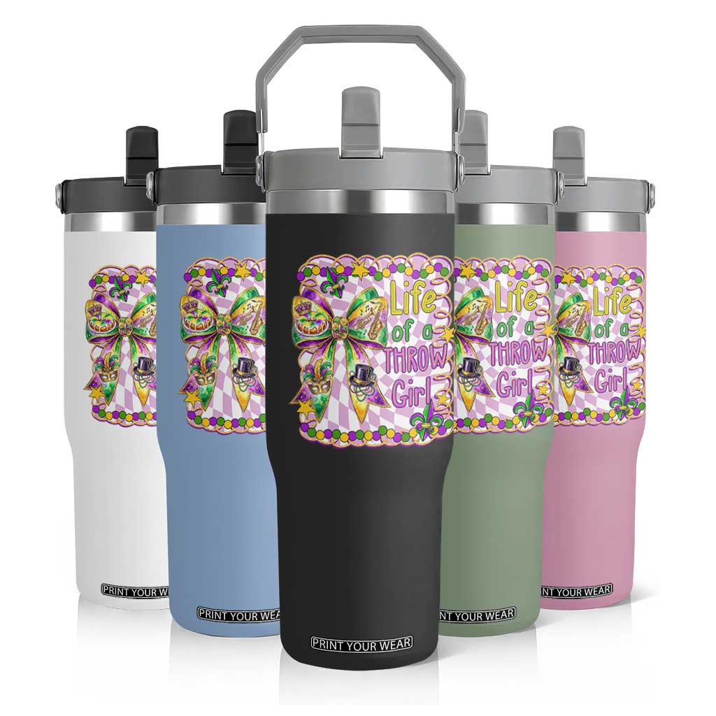 Funny Mardi Gras Throw Girl Life Flip Straw Tumbler Coquette Bow Carnival TS11 Print Your Wear