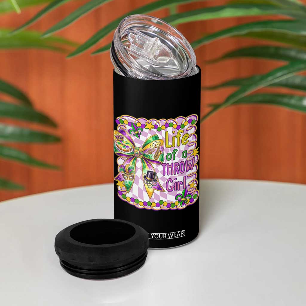 Funny Mardi Gras Throw Girl Life 4 in 1 Can Cooler Tumbler Coquette Bow Carnival TS11 Print Your Wear