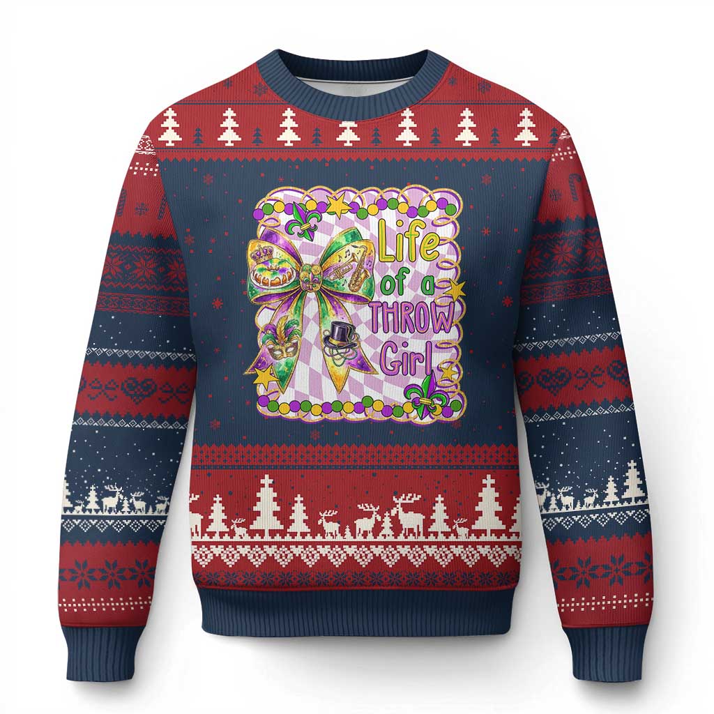 Funny Mardi Gras Throw Girl Life Ugly Christmas Sweater Coquette Bow Carnival TS11 Navy Red Print Your Wear
