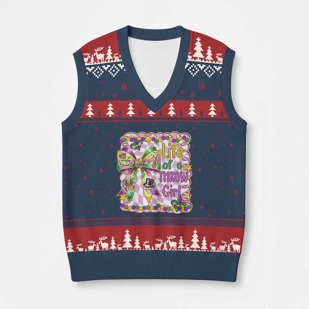 Funny Mardi Gras Throw Girl Life V-Neck Knit Sweater Vest Coquette Bow Carnival TS11 Navy Red Print Your Wear