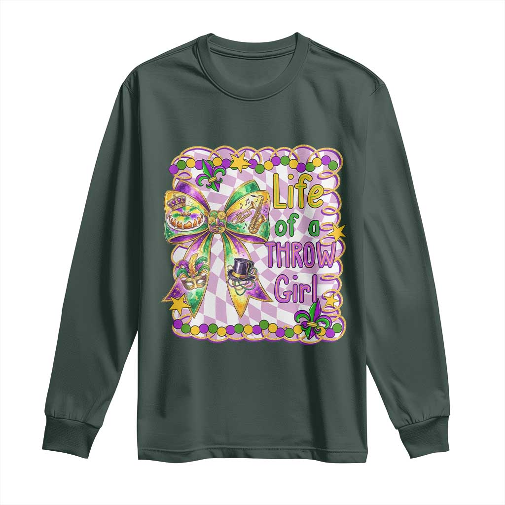 Funny Mardi Gras Throw Girl Life Long Sleeve Shirt Coquette Bow Carnival TS11 Dark Forest Green Print Your Wear