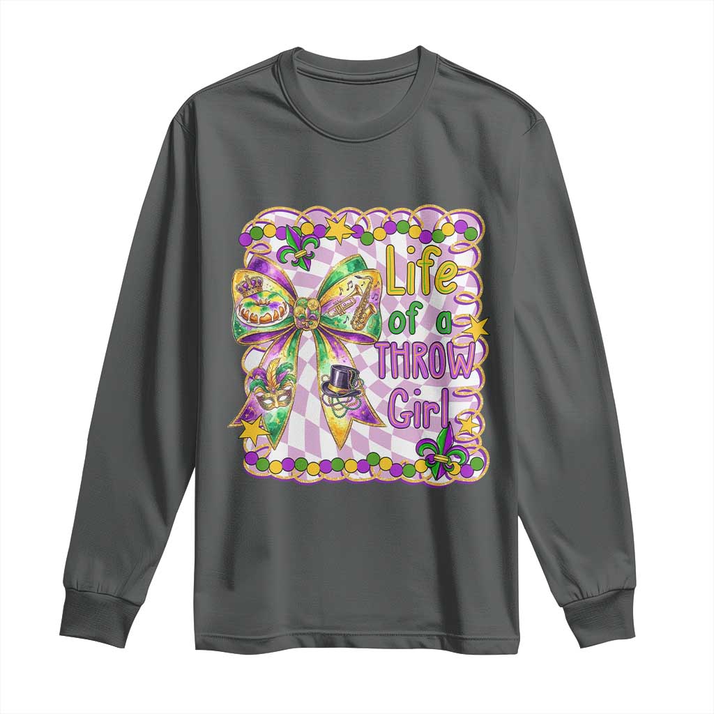Funny Mardi Gras Throw Girl Life Long Sleeve Shirt Coquette Bow Carnival TS11 Dark Heather Print Your Wear