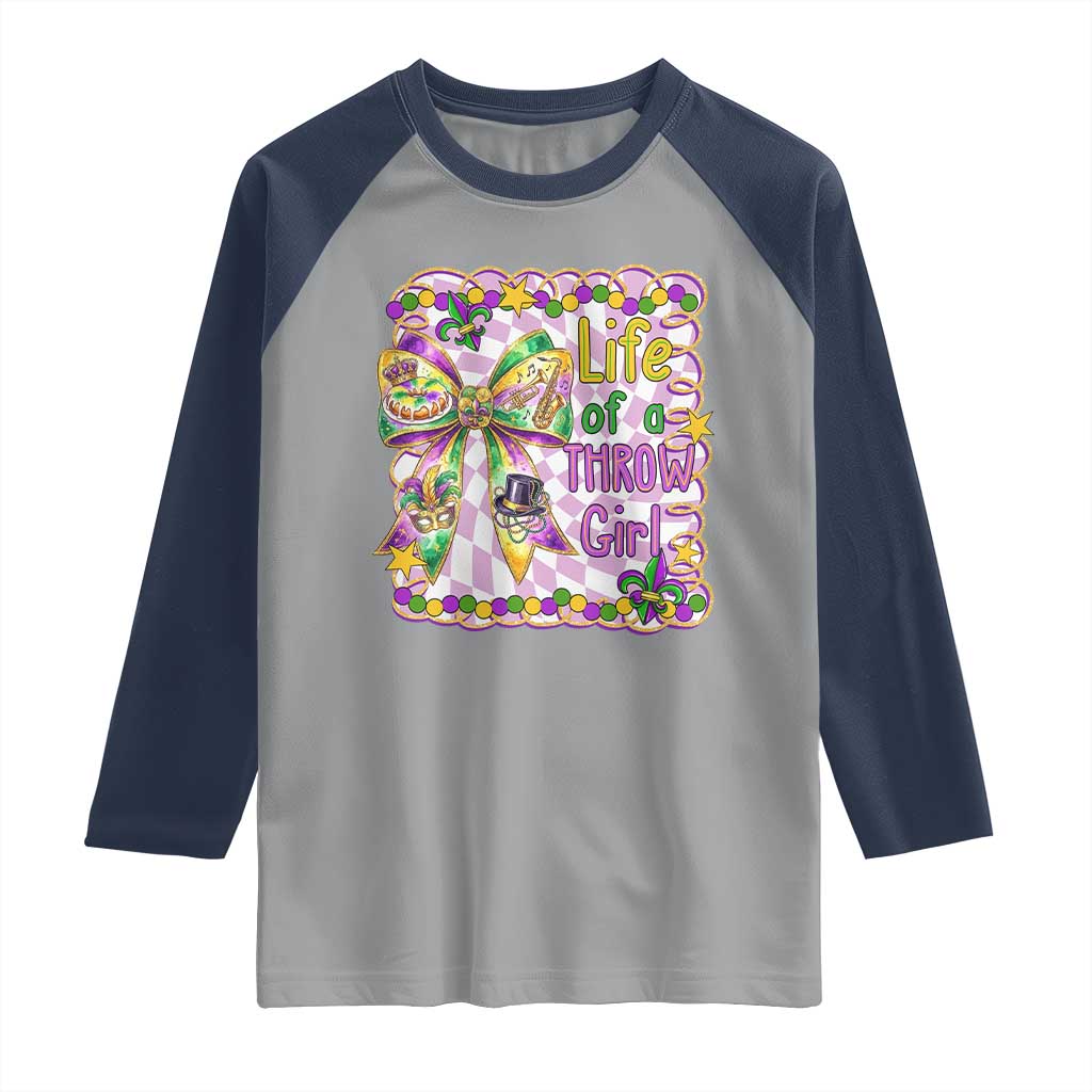 Funny Mardi Gras Throw Girl Life Raglan Shirt Coquette Bow Carnival TS11 Sport Gray Navy Print Your Wear