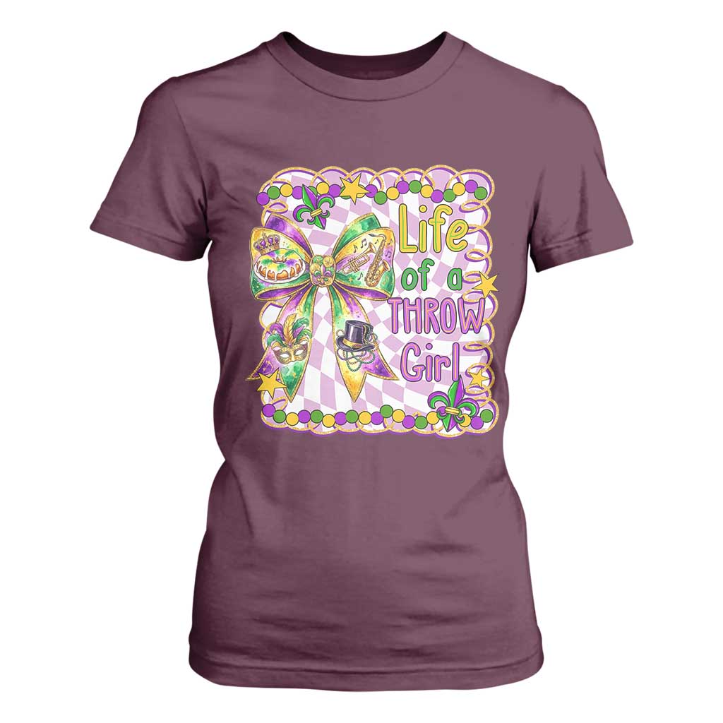 Funny Mardi Gras Throw Girl Life T Shirt For Women Coquette Bow Carnival TS11 Maroon Print Your Wear