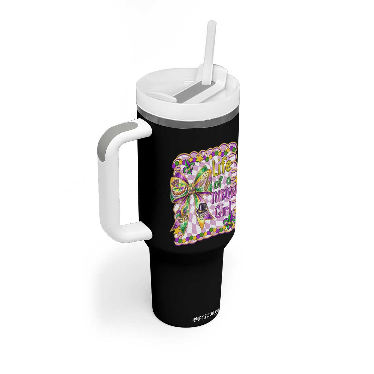 Funny Mardi Gras Throw Girl Life Tumbler With Handle Coquette Bow Carnival TS11 Print Your Wear