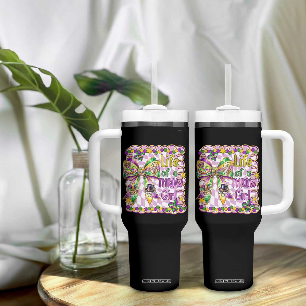 Funny Mardi Gras Throw Girl Life Tumbler With Handle Coquette Bow Carnival TS11 Print Your Wear