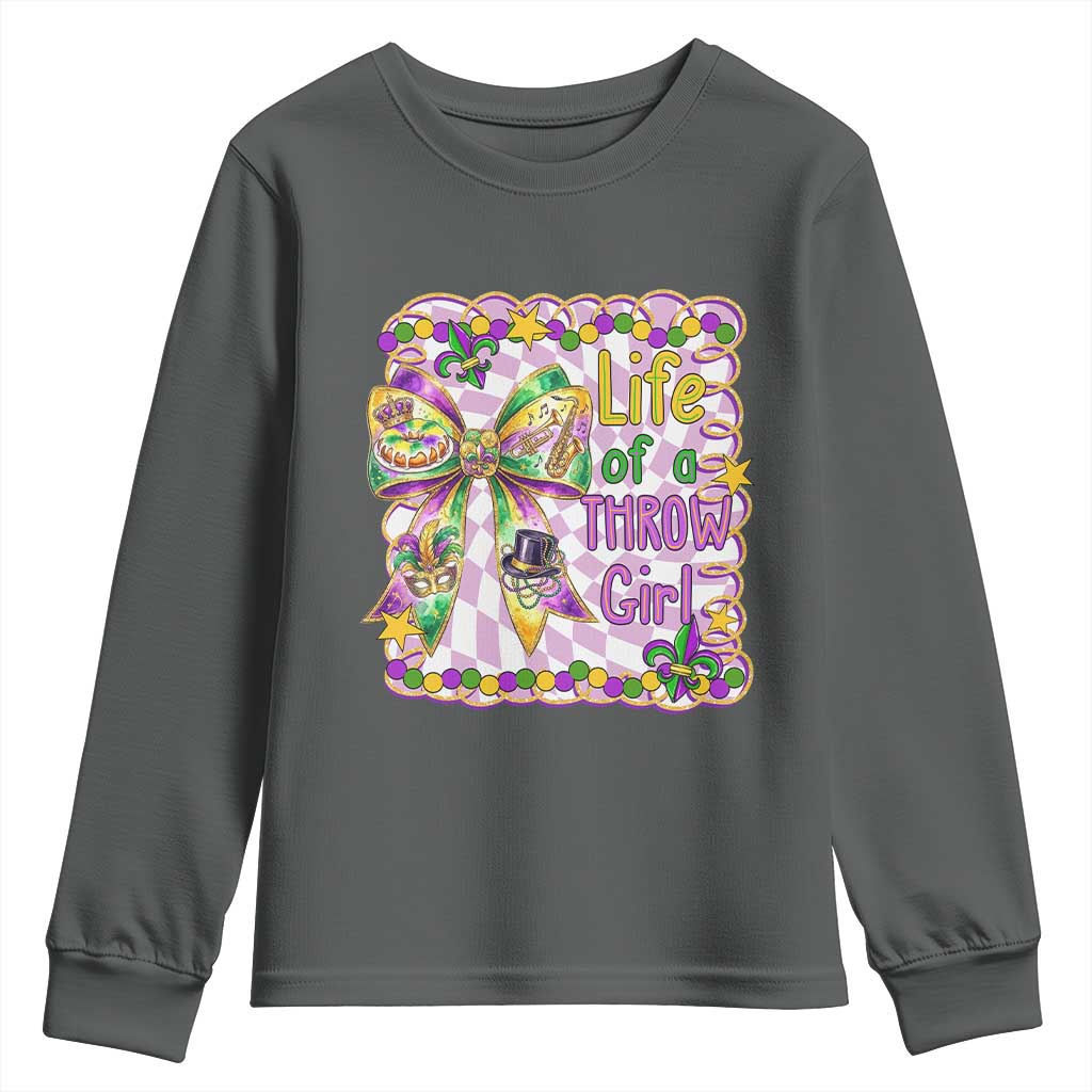 Funny Mardi Gras Throw Girl Life Youth Sweatshirt Coquette Bow Carnival TS11 Dark Heather Print Your Wear