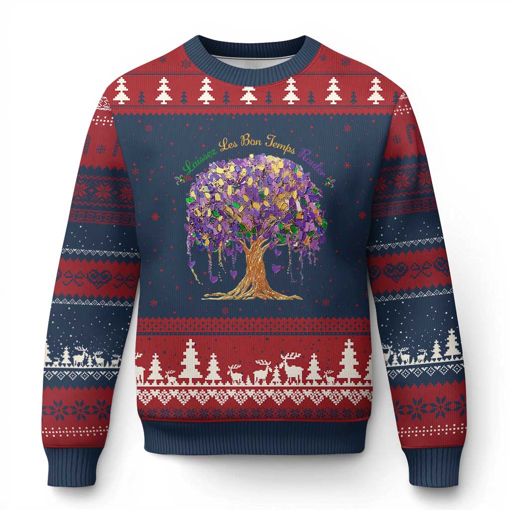 Mardi Gras Tree Brushstroke Graphic Ugly Christmas Sweater Laissez Les Bon Temps Rouler TS11 Navy Red Print Your Wear