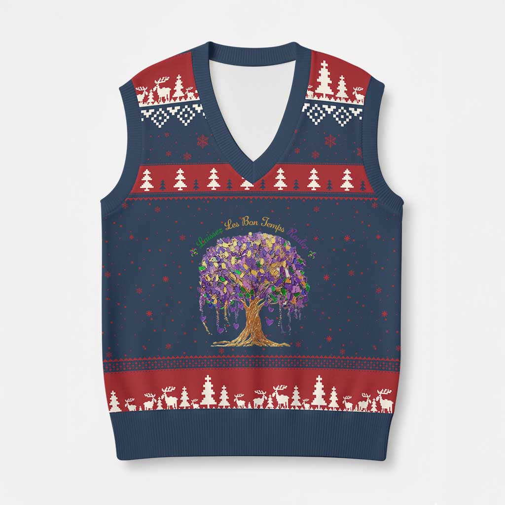 Mardi Gras Tree Brushstroke Graphic V-Neck Knit Sweater Vest Laissez Les Bon Temps Rouler TS11 Navy Red Print Your Wear