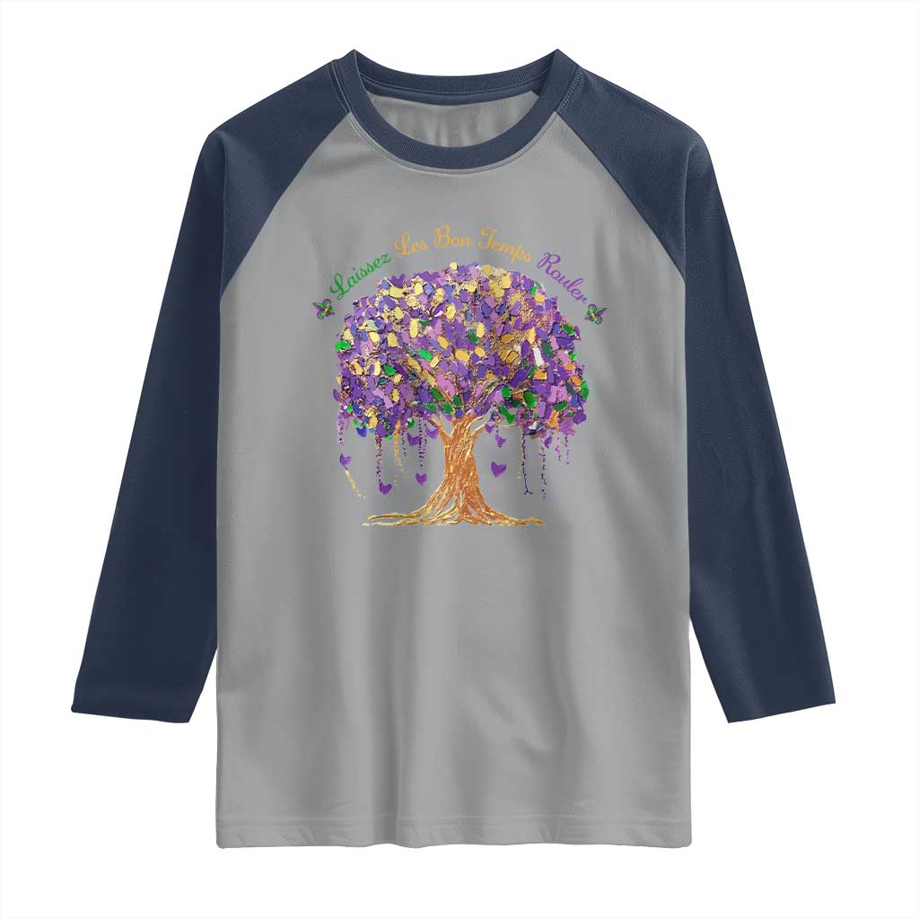 Mardi Gras Tree Brushstroke Graphic Raglan Shirt Laissez Les Bon Temps Rouler TS11 Sport Gray Navy Print Your Wear