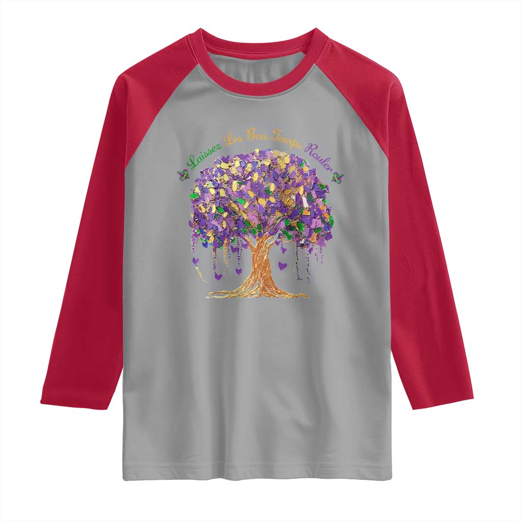 Mardi Gras Tree Brushstroke Graphic Raglan Shirt Laissez Les Bon Temps Rouler TS11 Sport Gray Red Print Your Wear