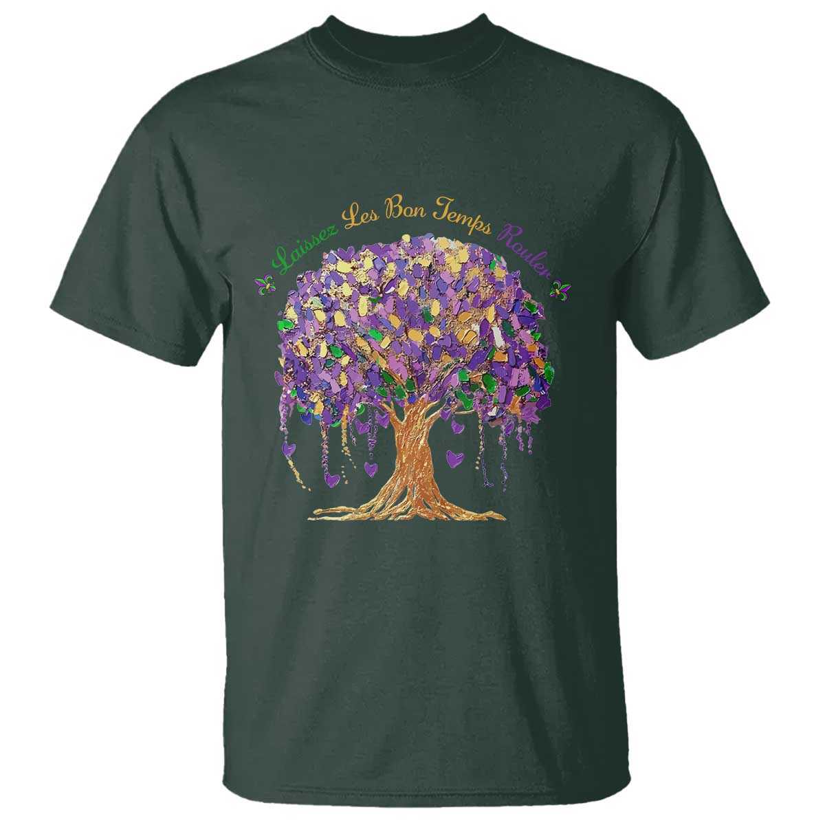 Mardi Gras Tree Brushstroke Graphic T Shirt Laissez Les Bon Temps Rouler TS11 Dark Forest Green Print Your Wear