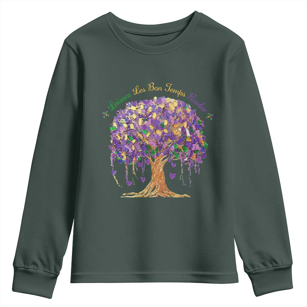 Mardi Gras Tree Brushstroke Graphic Youth Sweatshirt Laissez Les Bon Temps Rouler TS11 Dark Forest Green Print Your Wear