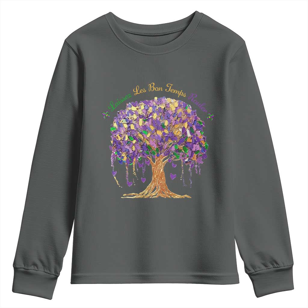 Mardi Gras Tree Brushstroke Graphic Youth Sweatshirt Laissez Les Bon Temps Rouler TS11 Dark Heather Print Your Wear
