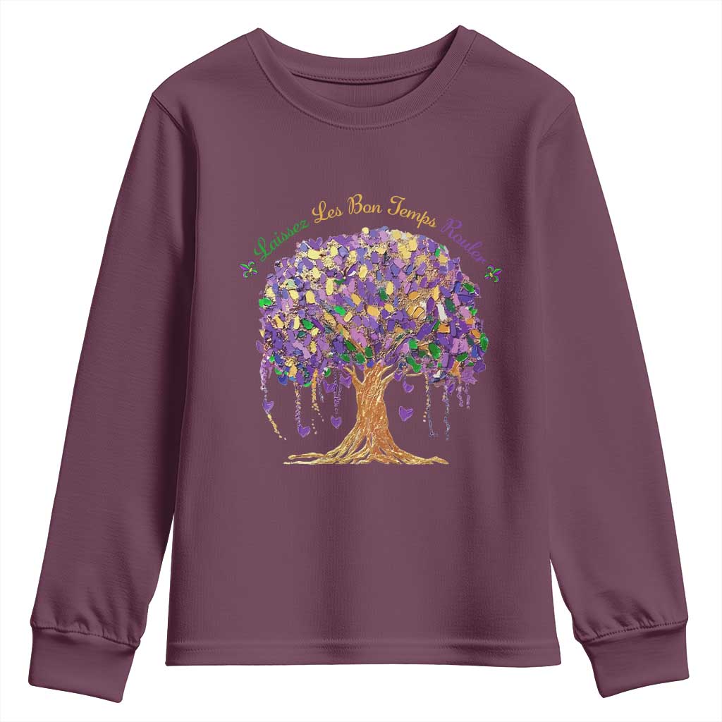 Mardi Gras Tree Brushstroke Graphic Youth Sweatshirt Laissez Les Bon Temps Rouler TS11 Maroon Print Your Wear
