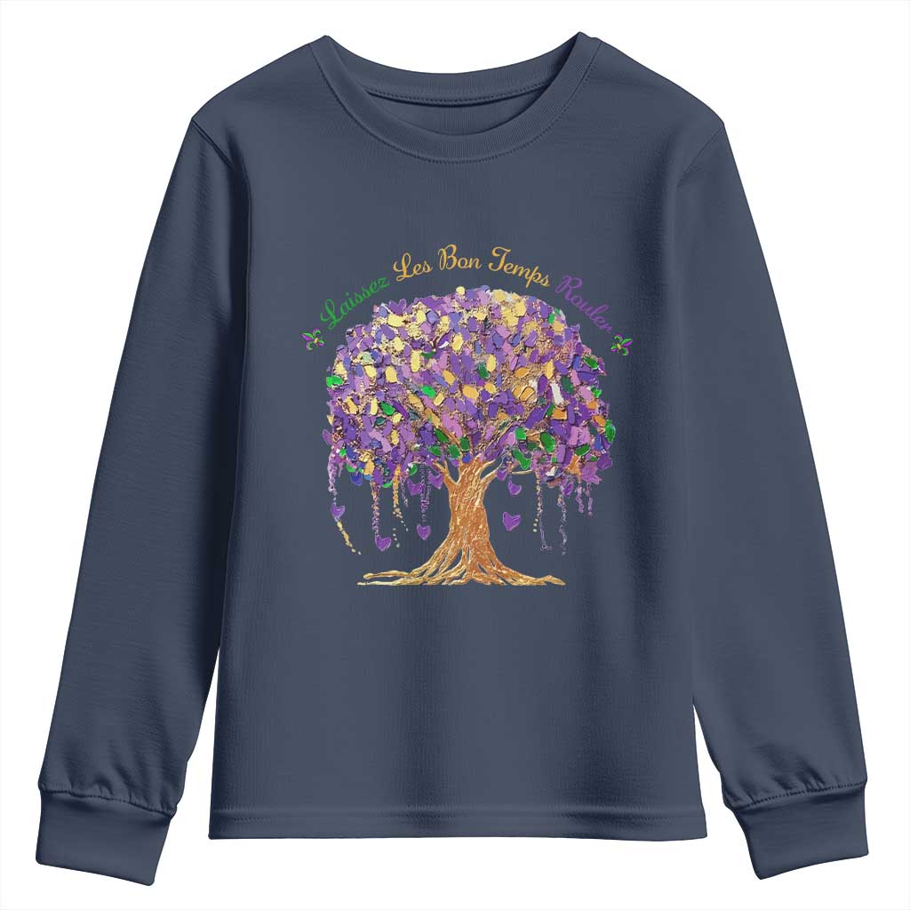 Mardi Gras Tree Brushstroke Graphic Youth Sweatshirt Laissez Les Bon Temps Rouler TS11 Navy Print Your Wear