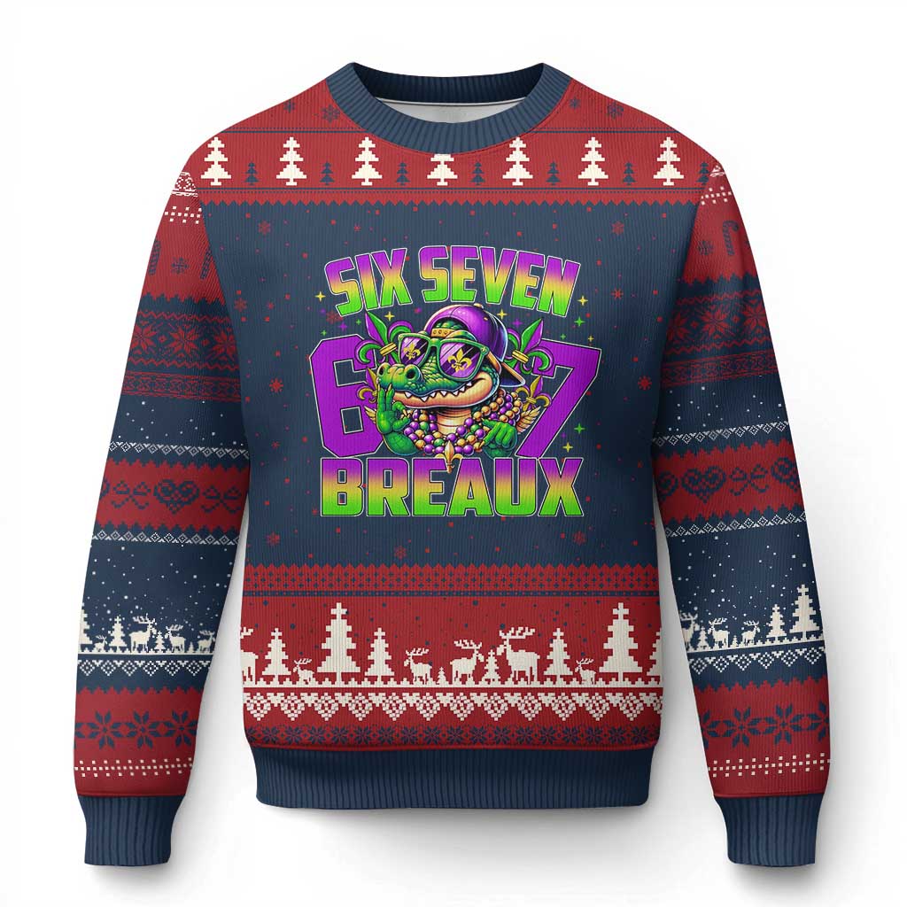 Mardi Gras Six Seven Breaux Ugly Christmas Sweater Funny Mardigator Alligator 6 7 Meme TS11 Navy Red Print Your Wear