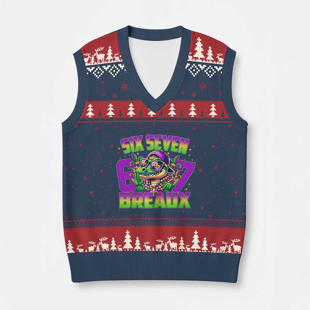 Mardi Gras Six Seven Breaux V-Neck Knit Sweater Vest Funny Mardigator Alligator 6 7 Meme TS11 Navy Red Print Your Wear