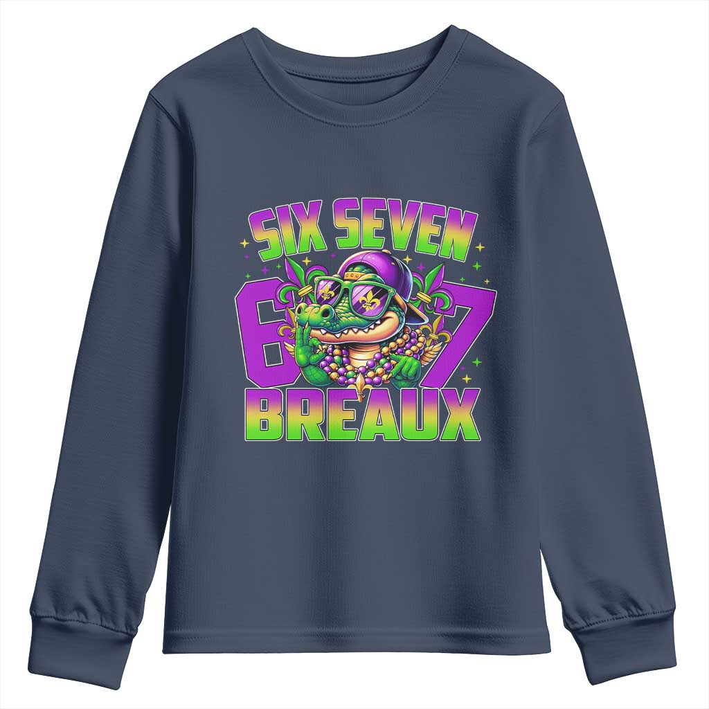 Mardi Gras Six Seven Breaux Youth Sweatshirt Funny Mardigator Alligator 6 7 Meme TS11 Navy Print Your Wear
