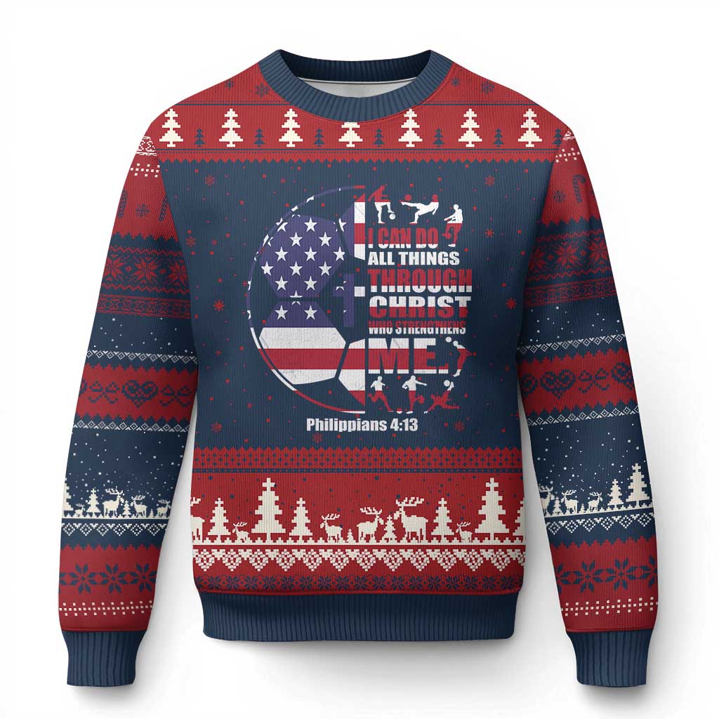 Christian Soccer Ugly Christmas Sweater I Can Do All Things Through Christ Who Strengthens Me TS11 Navy Red Print Your Wear