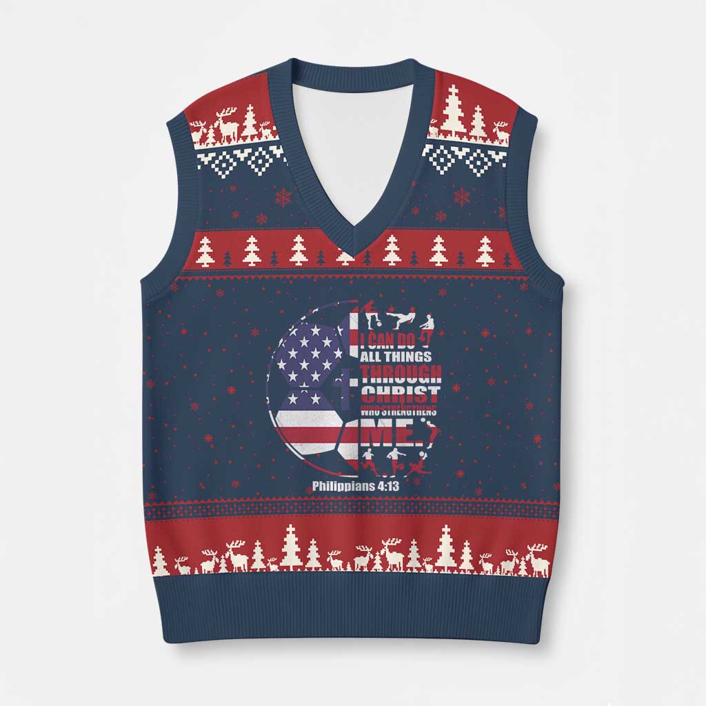 Christian Soccer V-Neck Knit Sweater Vest I Can Do All Things Through Christ Who Strengthens Me TS11 Navy Red Print Your Wear