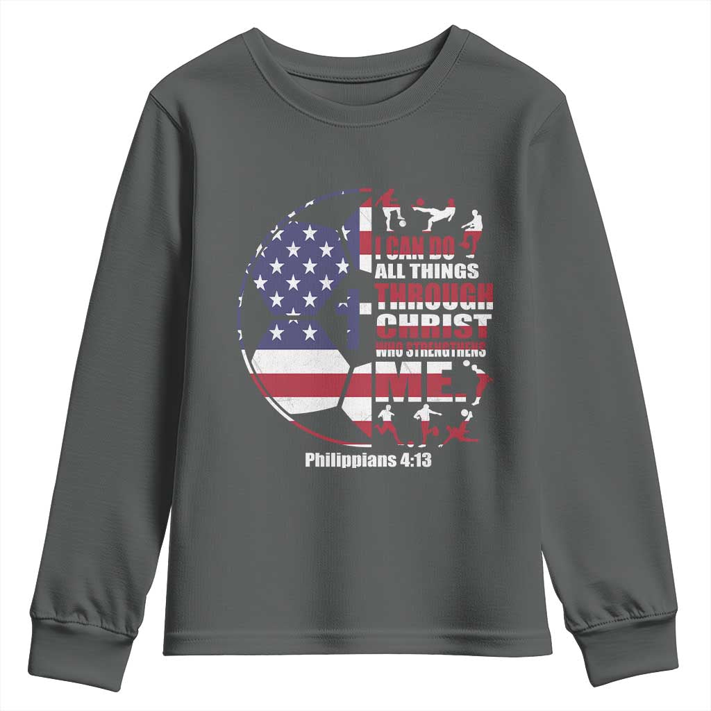 Christian Soccer Youth Sweatshirt I Can Do All Things Through Christ Who Strengthens Me TS11 Dark Heather Print Your Wear