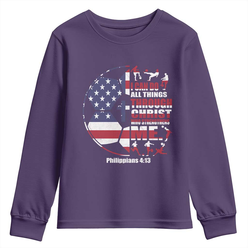 Christian Soccer Youth Sweatshirt I Can Do All Things Through Christ Who Strengthens Me TS11 Purple Print Your Wear