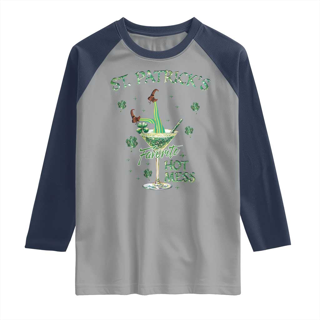 Funny St Patrick's Favorite Hot Mess Raglan Shirt Drunk Leprechaun Cocktail TS11 Sport Gray Navy Print Your Wear