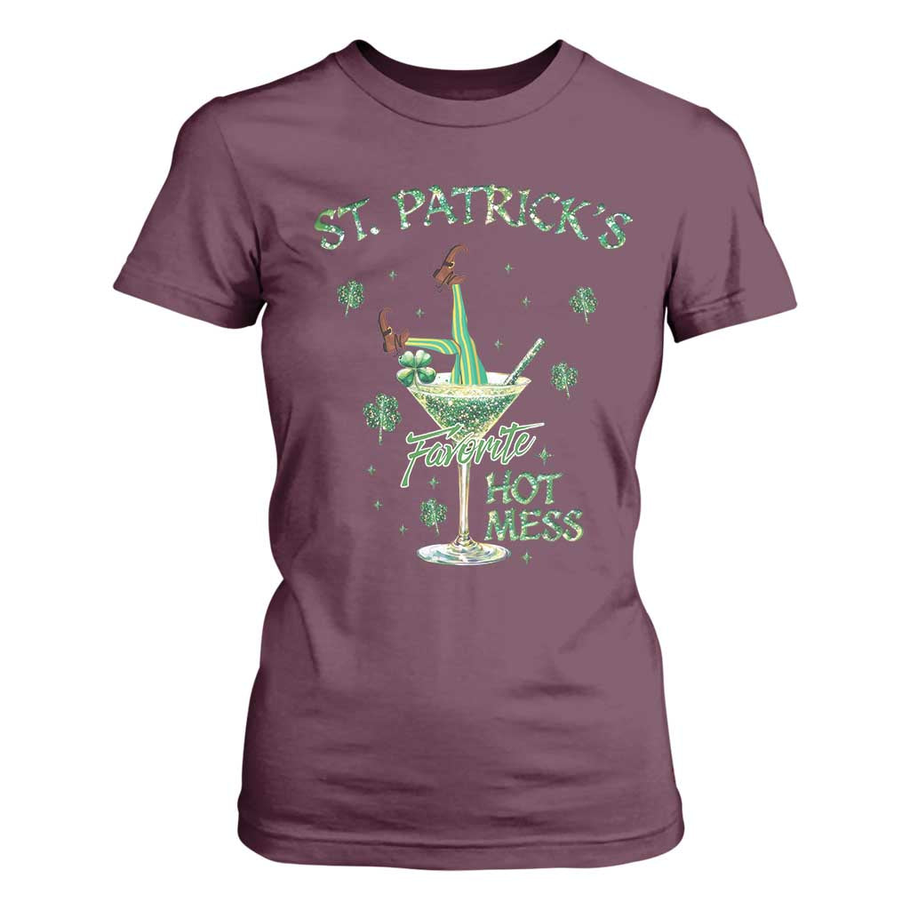 Funny St Patrick's Favorite Hot Mess T Shirt For Women Drunk Leprechaun Cocktail TS11 Maroon Print Your Wear