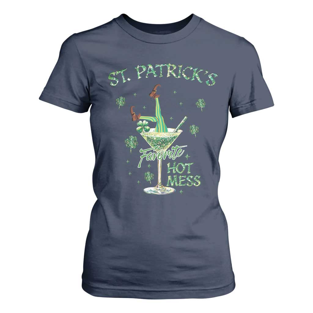 Funny St Patrick's Favorite Hot Mess T Shirt For Women Drunk Leprechaun Cocktail TS11 Navy Print Your Wear
