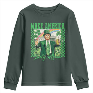 Funny Trump St Patrick's Day Make America Lucky Again Youth Sweatshirt Shamrock White House TS11 Dark Forest Green Print Your Wear