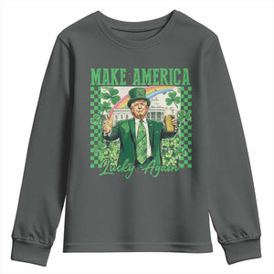 Funny Trump St Patrick's Day Make America Lucky Again Youth Sweatshirt Shamrock White House TS11 Dark Heather Print Your Wear