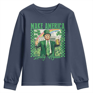 Funny Trump St Patrick's Day Make America Lucky Again Youth Sweatshirt Shamrock White House TS11 Navy Print Your Wear