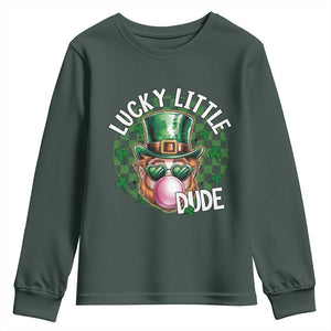Funny St Patrick's Day Lucky Little Dude Youth Sweatshirt Cute Leprechaun Shamrock TS11 Dark Forest Green Print Your Wear