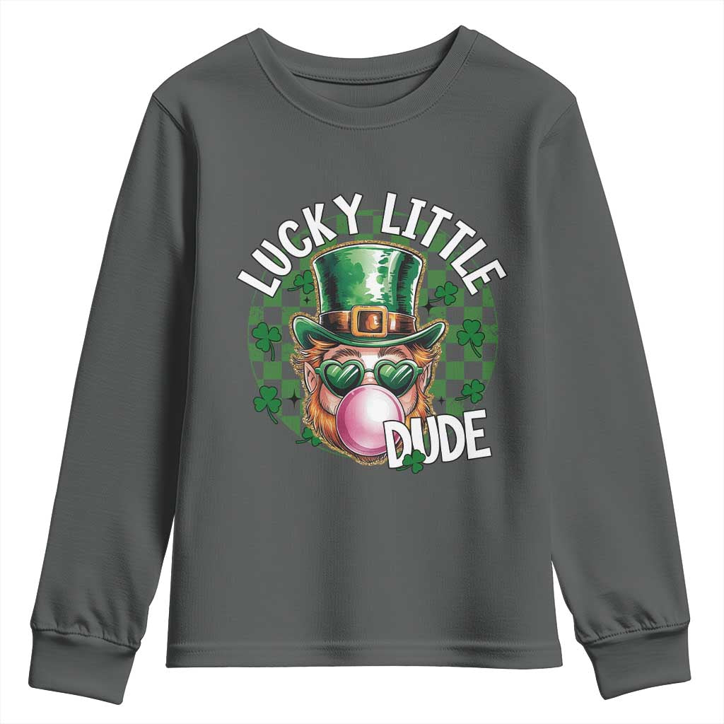 Funny St Patrick's Day Lucky Little Dude Youth Sweatshirt Cute Leprechaun Shamrock TS11 Dark Heather Print Your Wear