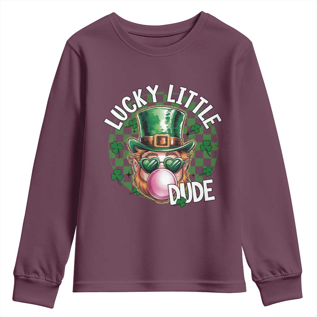 Funny St Patrick's Day Lucky Little Dude Youth Sweatshirt Cute Leprechaun Shamrock TS11 Maroon Print Your Wear