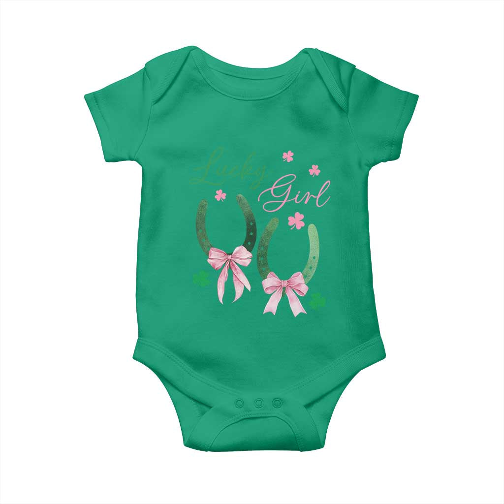 Funny St Patrick's Day Coquette Baby Onesie Lucky Girl Horseshoe Pink Bow TS11 Irish Green Print Your Wear