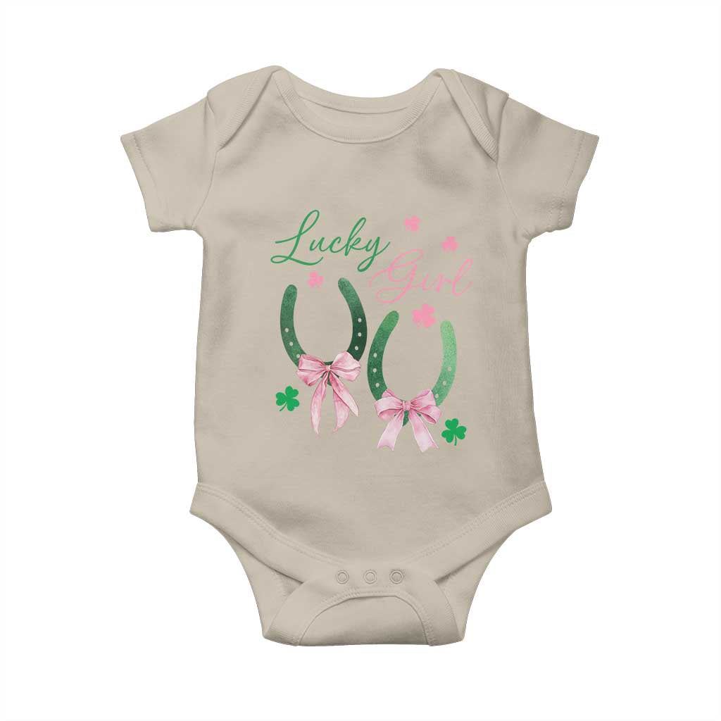 Funny St Patrick's Day Coquette Baby Onesie Lucky Girl Horseshoe Pink Bow TS11 Sand Print Your Wear