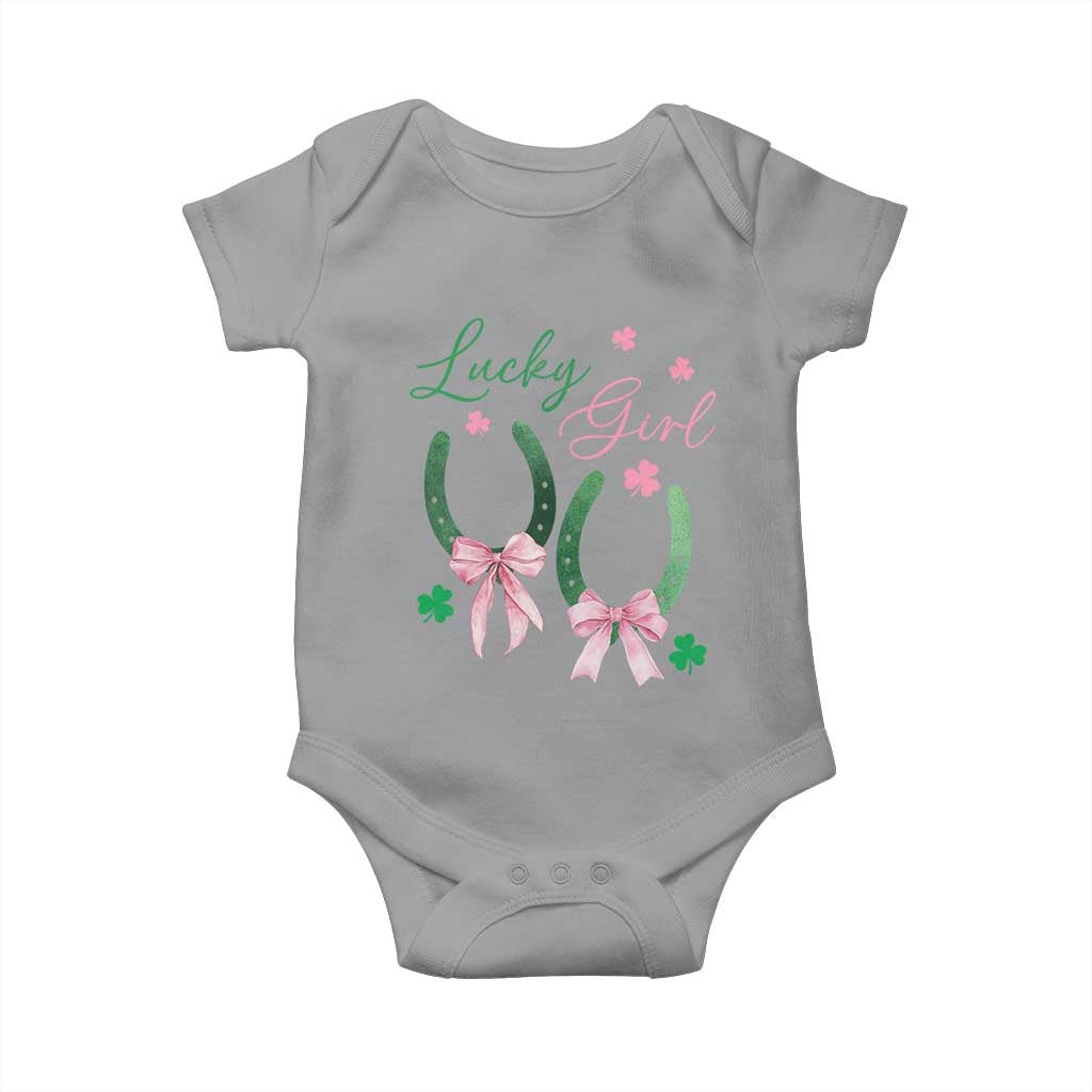 Funny St Patrick's Day Coquette Baby Onesie Lucky Girl Horseshoe Pink Bow TS11 Sport Gray Print Your Wear